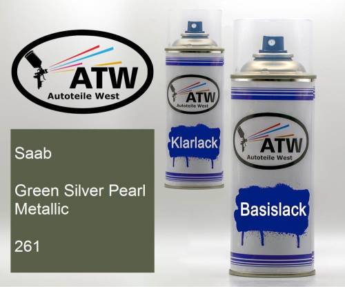 Saab, Green Silver Pearl Metallic, 261: 400ml Sprühdose + 400ml Klarlack - Set, von ATW Autoteile West.